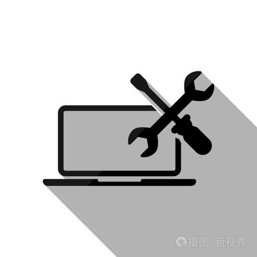 笔记本电脑维修服务徽标设计 以黑色物体长阴影呈现计算机维修的品牌专业性
